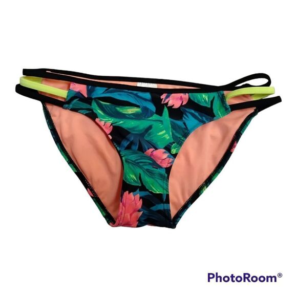 Xhilaration Tropical Leaf Pattern Bikini Swim Bottom Sz M Green Pink Blue - Picture 1 of 4